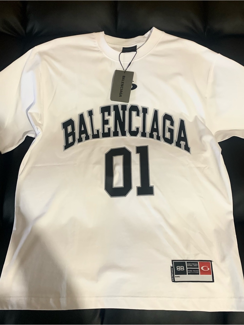 Balenciaga White Jersey with Black Arch Logo and '01' Number